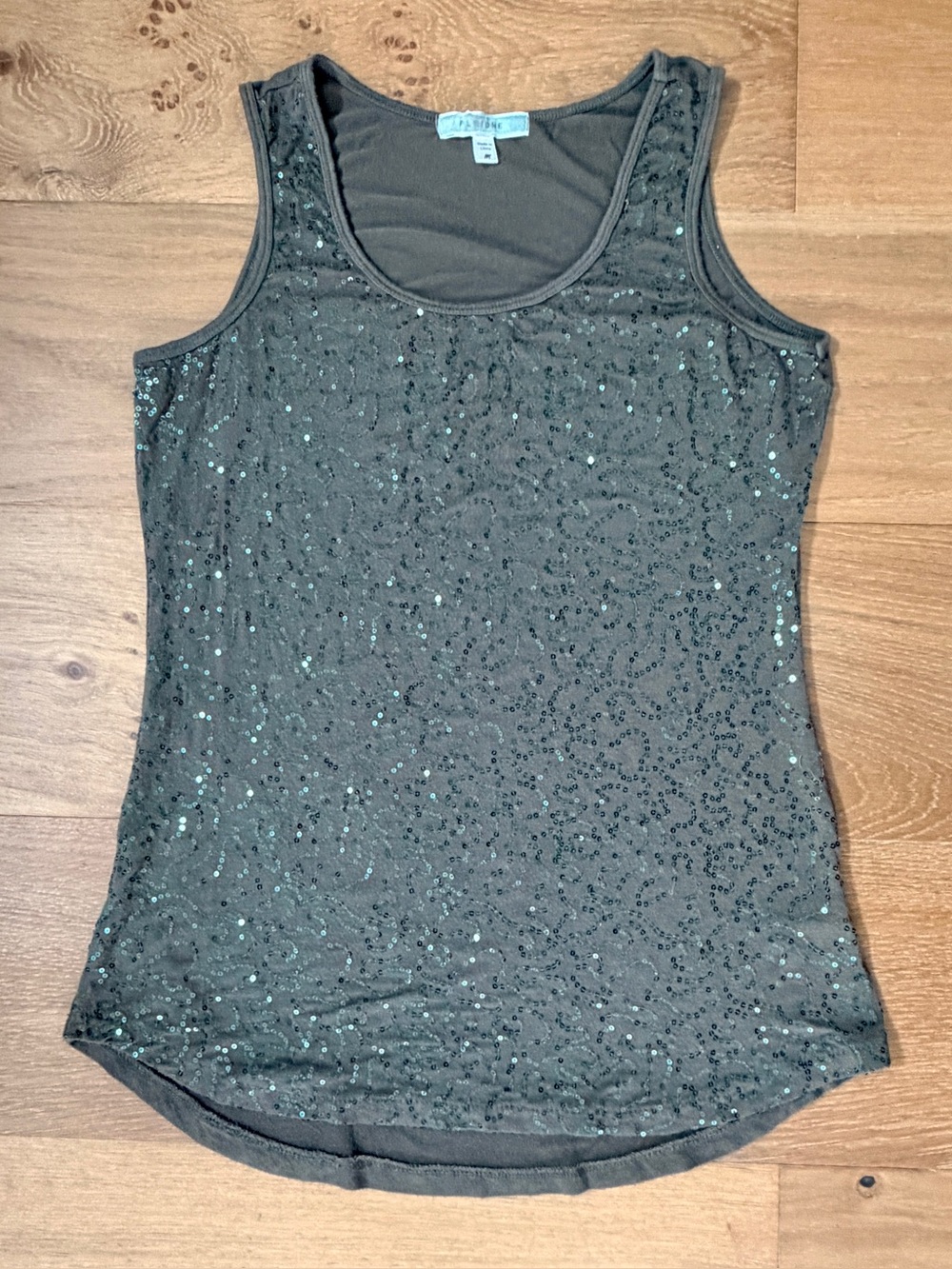 Anthropologie Pleione Olive Green Tonal Sequin Front Layering Tank Size Medium